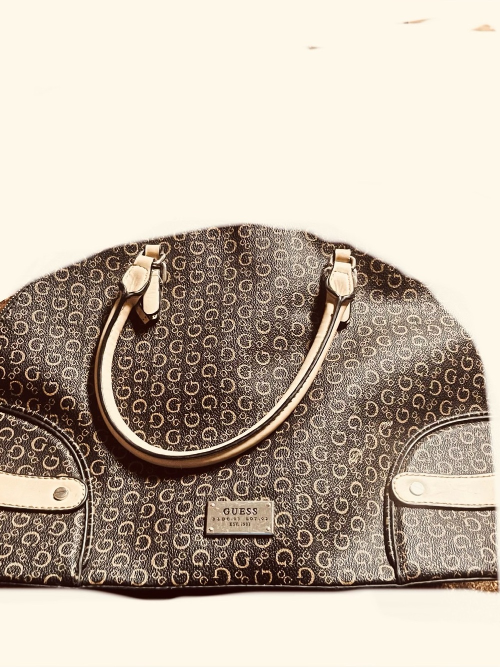 Guess Brown Monogram Dome Satchel with Neutral Trim